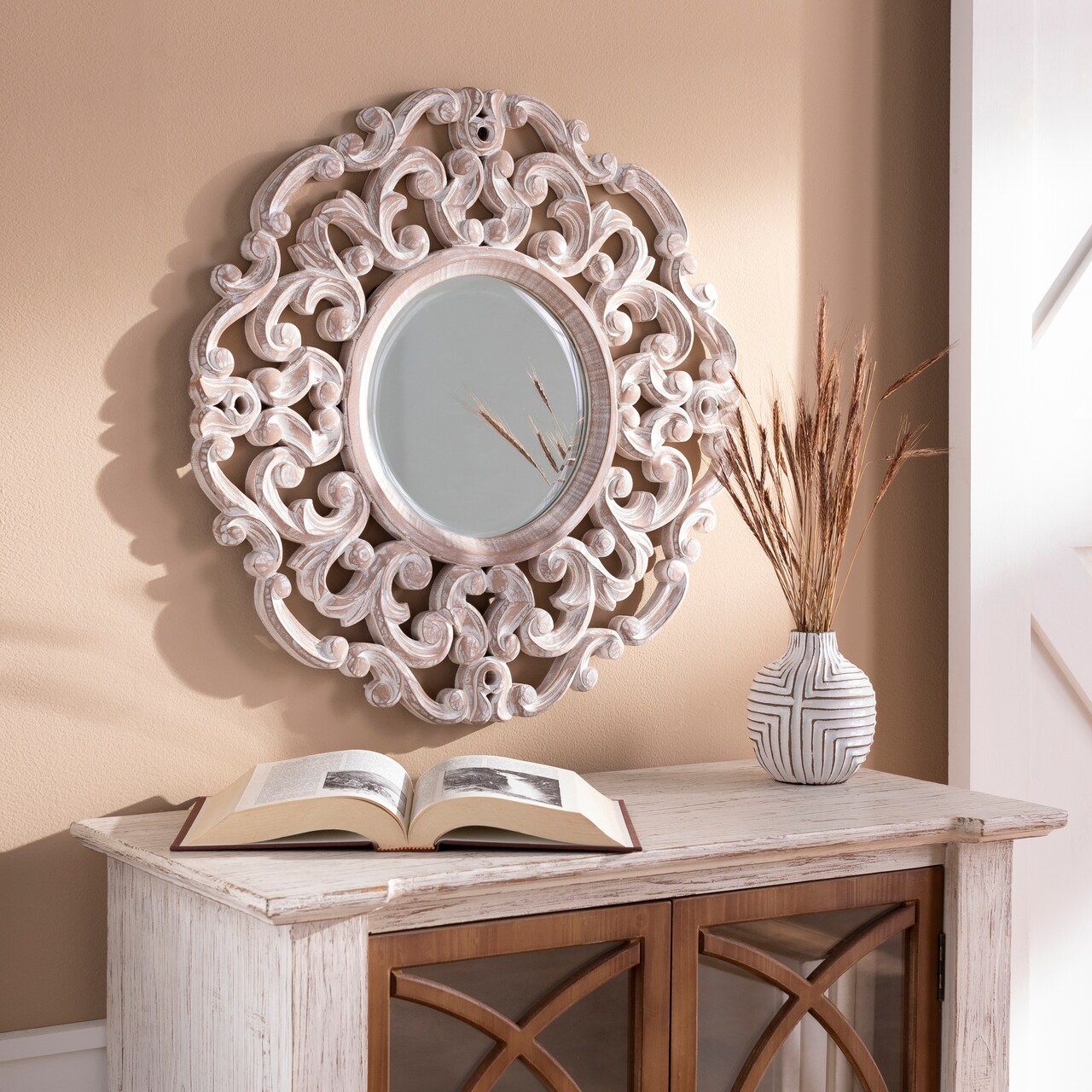 Tiwari Home 25" Tan and White Carved Frame Beveled Round Wall Mirror